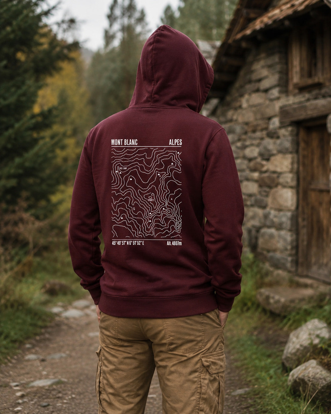 Sweat à capuche bordeaux Sortie Longue avec design Mont Blanc et carte topographique au dos