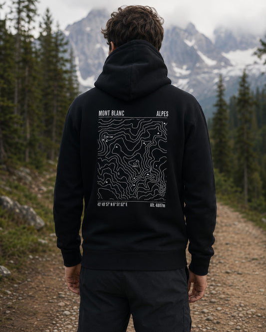 Sweat à capuche noir Sortie Longue avec carte topographique du Mont Blanc imprimée au dos