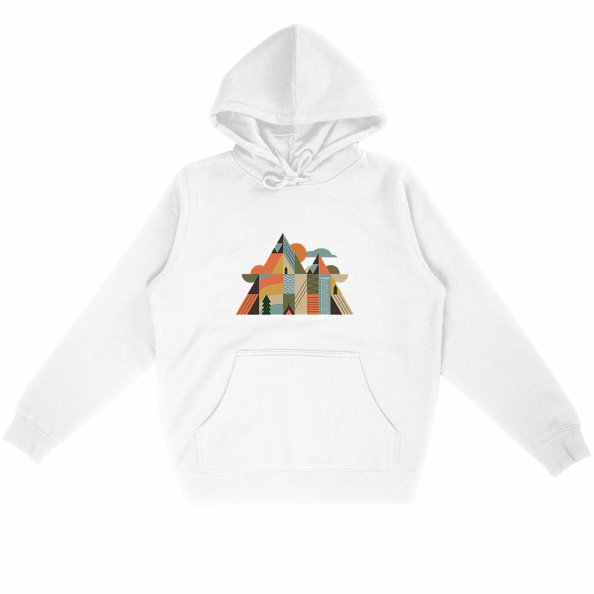 Sweat à capuche Sortie Longue blanc, vue de face avec capuche, vêtement unisexe associé à l’univers montagne, design Montagnes Géométriques (face) présenté sur la fiche.