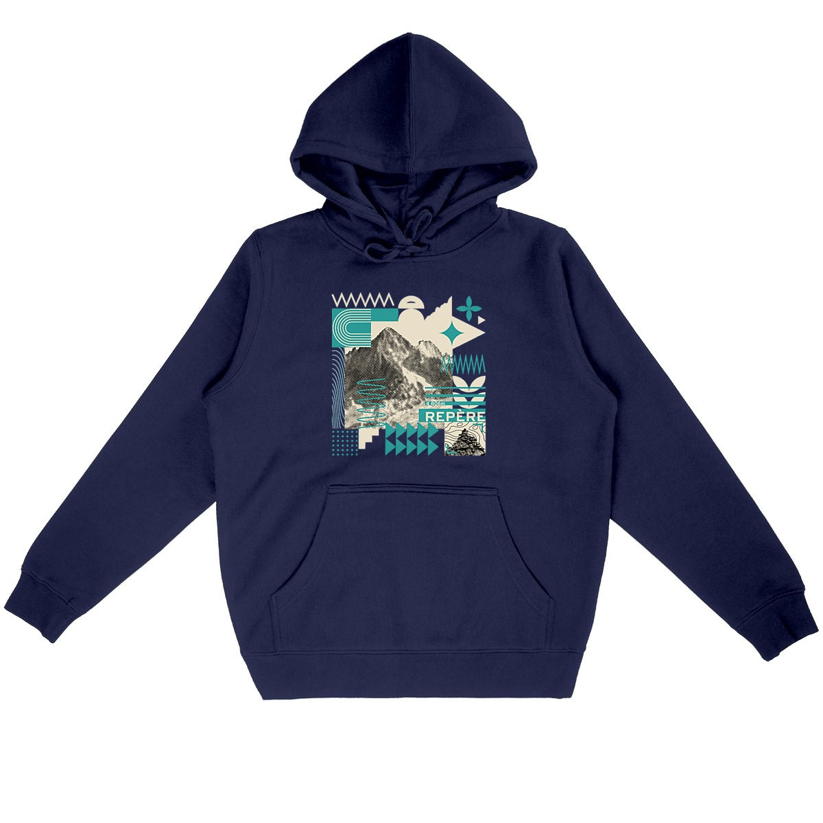 Sweat à capuche unisexe Sortie Longue bleu marine présenté à plat, motif graphique central « Repère » mêlant photo de montagne et formes abstraites.