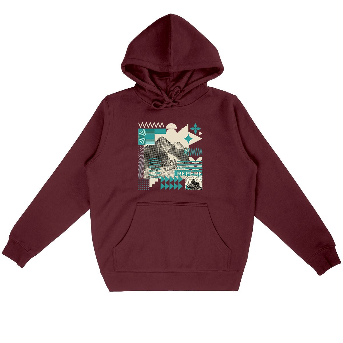 Sweat à capuche unisexe Sortie Longue bordeaux présenté à plat, visuel central graphique inspiré du terrain, lignes et symboles abstraits.