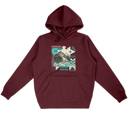 Sweat à capuche unisexe Sortie Longue bordeaux présenté à plat, visuel central graphique inspiré du terrain, lignes et symboles abstraits.