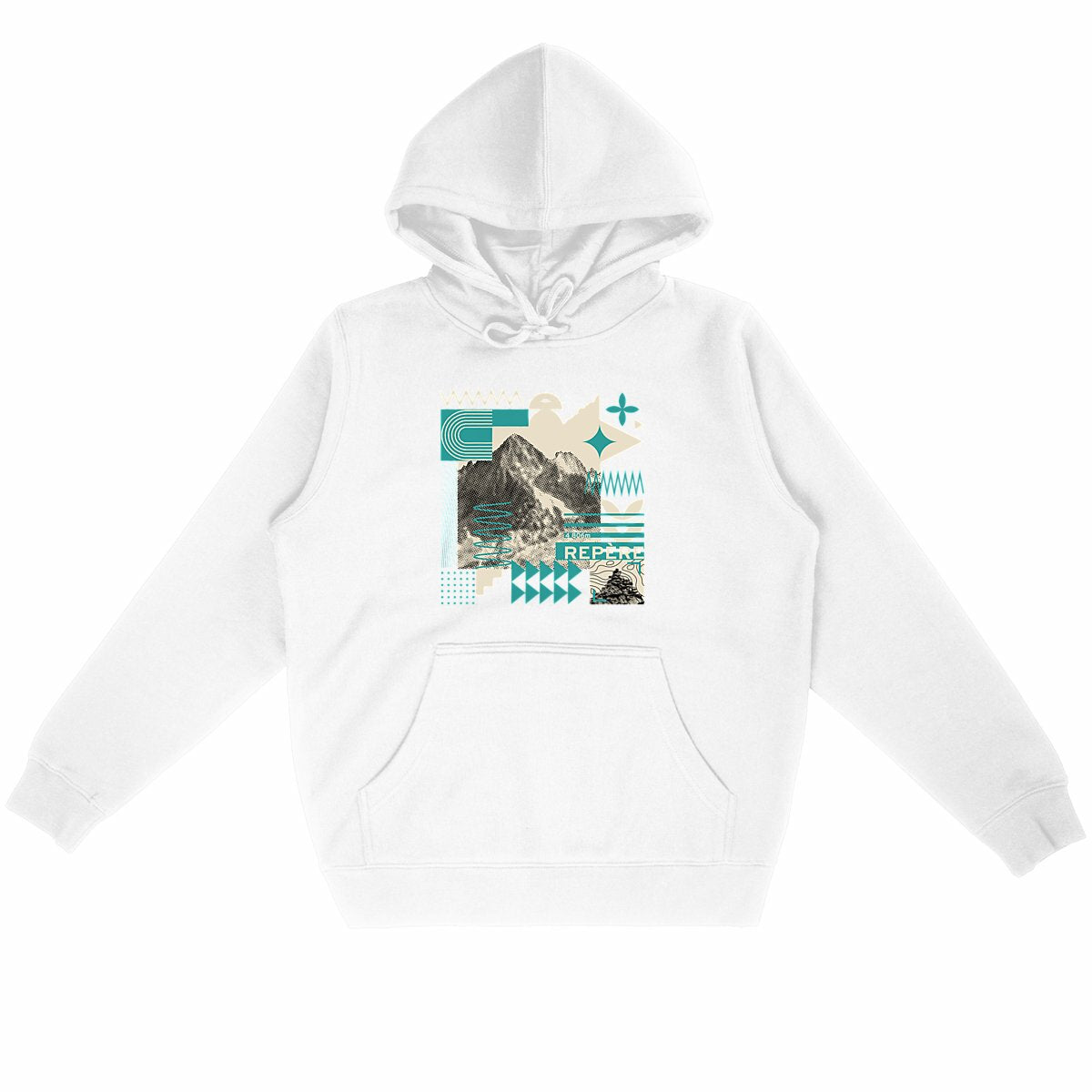 Sweat à capuche unisexe Sortie Longue présenté à plat, visuel central « Repère » associant photographie de montagne tramée et formes abstraites.