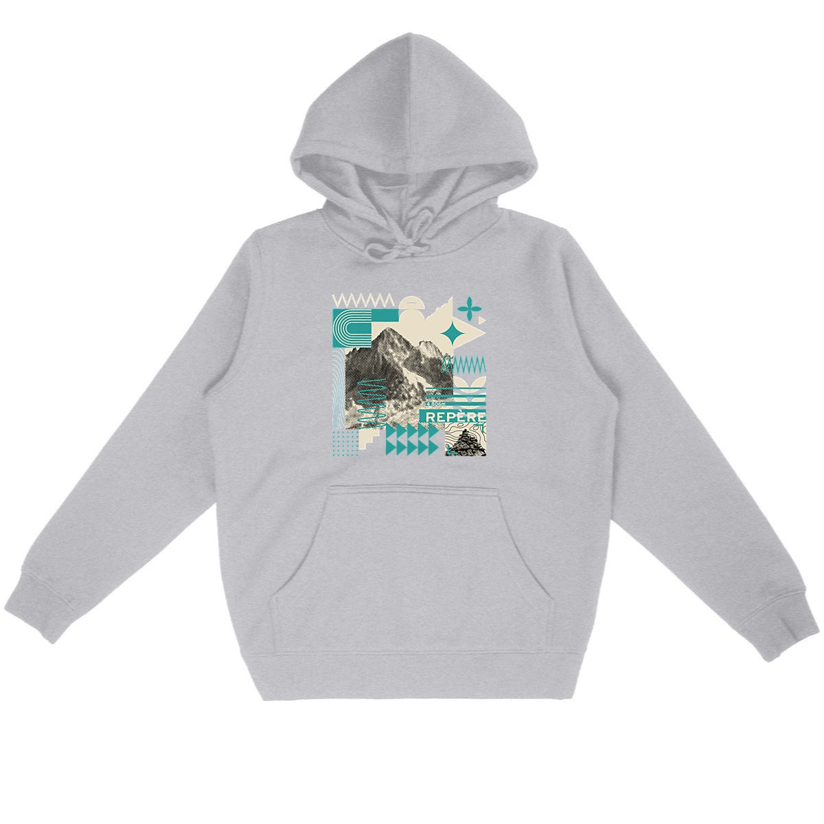 Sweat à capuche unisexe Sortie Longue gris présenté à plat, visuel central inspiré du relief et de la lecture du terrain, composition graphique structurée.
