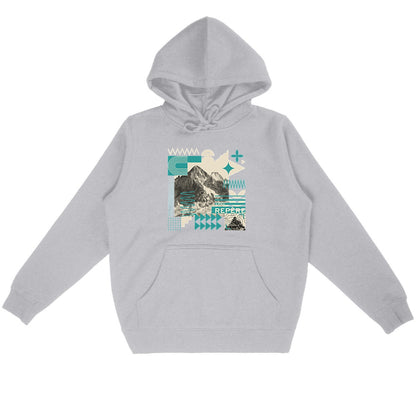 Sweat à capuche unisexe Sortie Longue gris présenté à plat, visuel central inspiré du relief et de la lecture du terrain, composition graphique structurée.