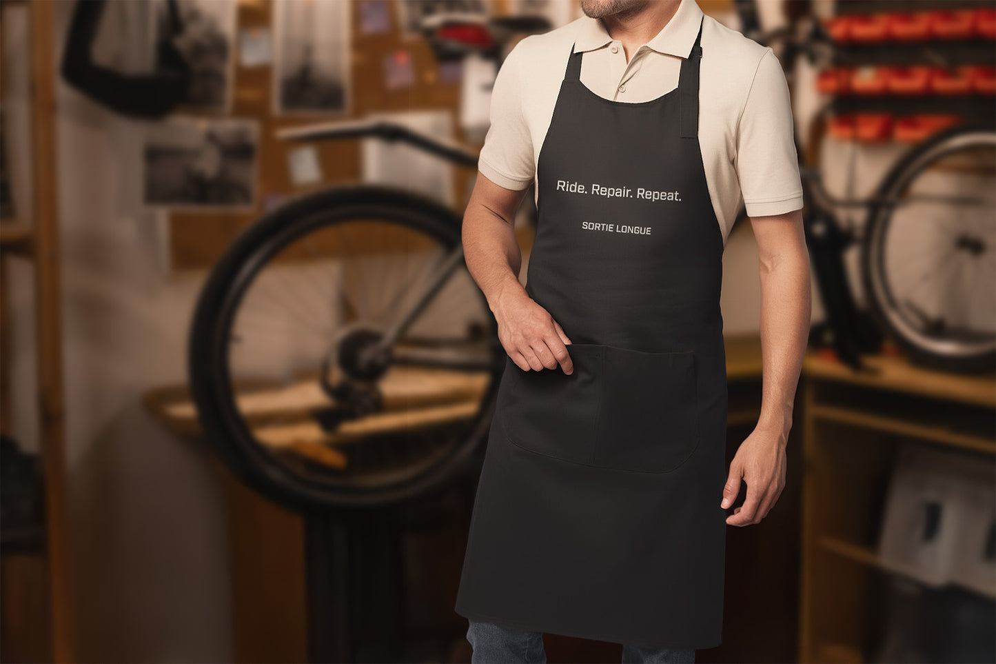 Personne portant un tablier noir Sortie Longue Ride. Repair. Repeat. en atelier, usage quotidien lié aux gestes d’entretien et de réparation du matériel de sortie.