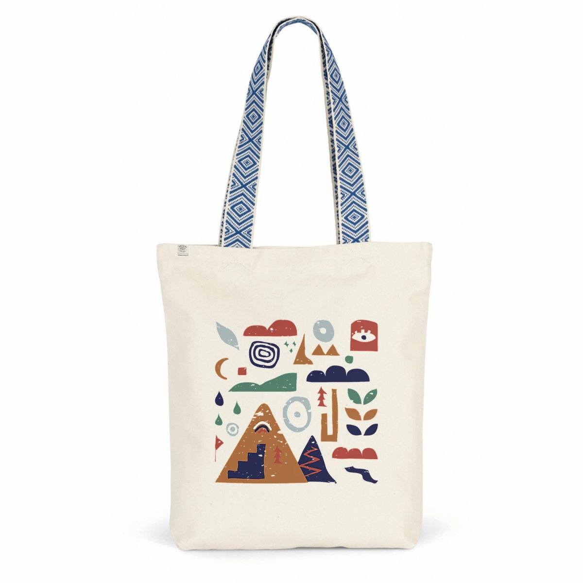 Tote bag en coton recyclé Sortie Longue, vue de face sur fond blanc, design Nature & Dénivelé imprimé, anses bleues, inspiration terrain et tracés naturels.