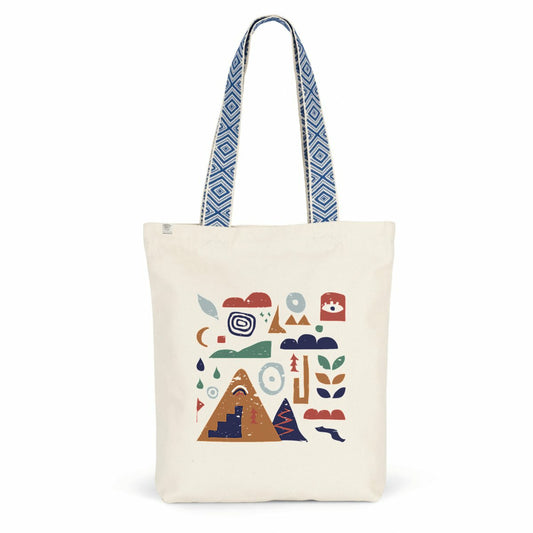 Tote bag en coton recyclé Sortie Longue, vue de face sur fond blanc, design Nature & Dénivelé imprimé, anses bleues, inspiration terrain et tracés naturels.
