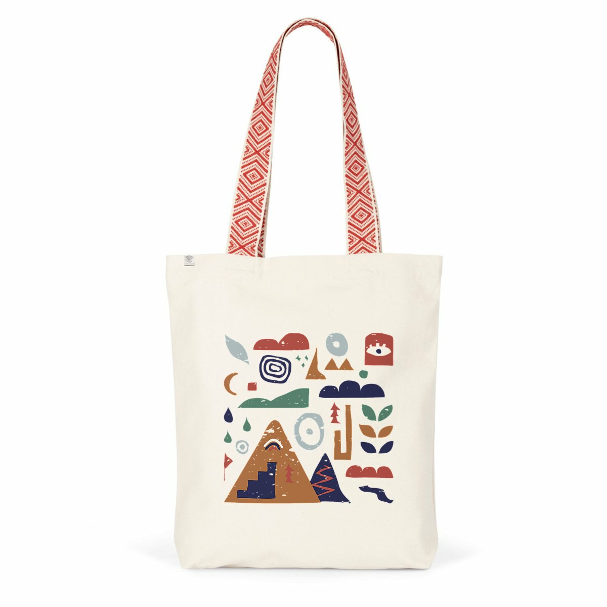 Tote bag en coton recyclé Sortie Longue, vue de face sur fond blanc, design Nature & Dénivelé imprimé, anses rouges, visuel dessiné à main levée inspiré du terrain.