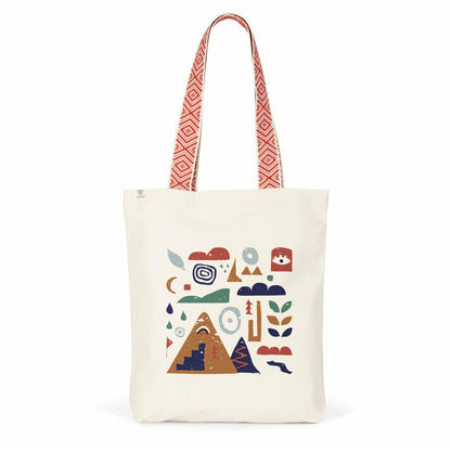 Tote bag en coton recyclé Sortie Longue, vue de face sur fond blanc, design Nature & Dénivelé imprimé, anses rouges, visuel dessiné à main levée inspiré du terrain.