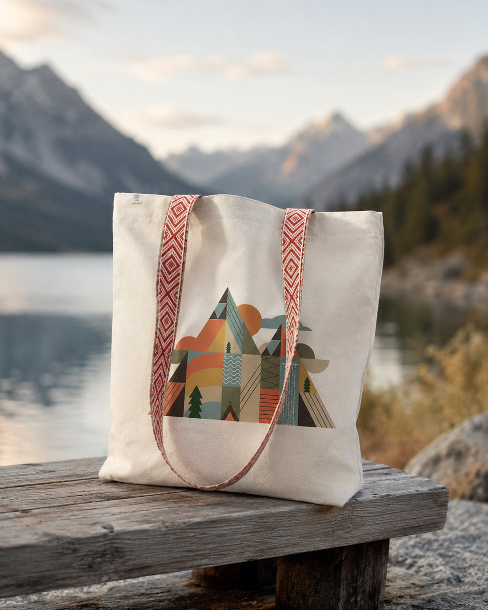 Tote bag recyclé Montagnes Géométriques Sortie Longue posé sur un banc en bois face à un lac de montagne, visuel outdoor et tons naturels