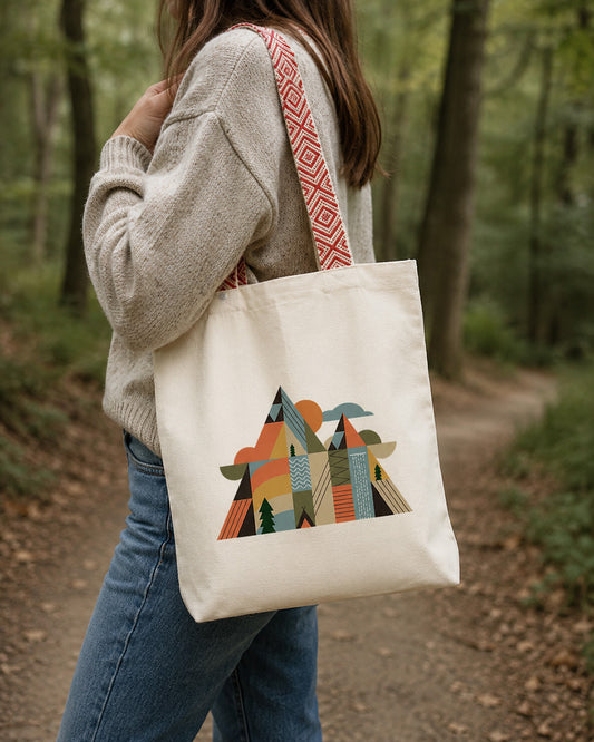Tote bag recyclé Montagnes Géométriques Sortie Longue porté en forêt sur un sentier, anses rouges en tissu et visuel montagne coloré