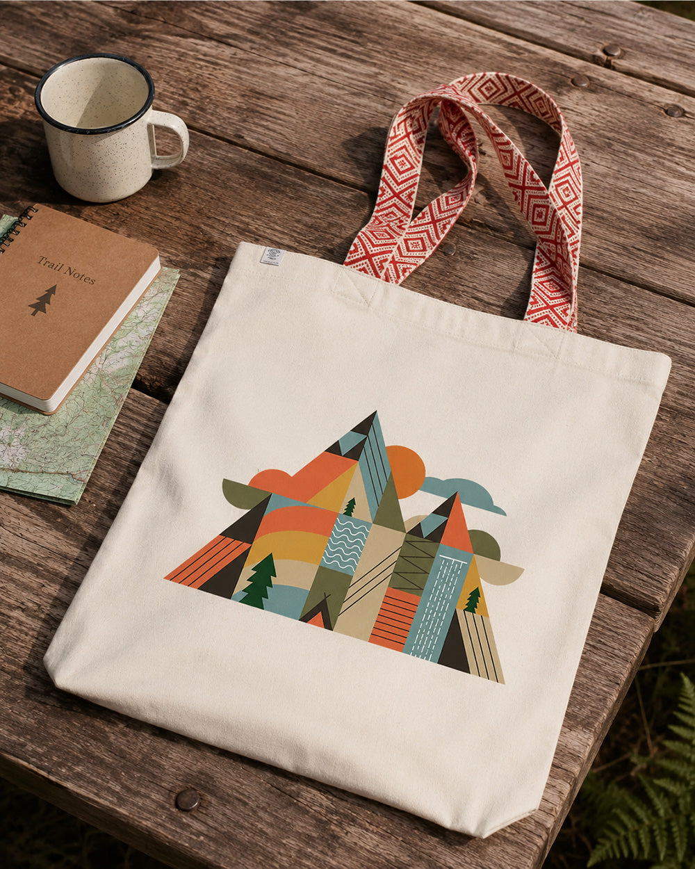 Tote bag recyclé Montagnes Géométriques Sortie Longue posé sur une table en bois avec carnet, carte et mug, ambiance randonnée calme