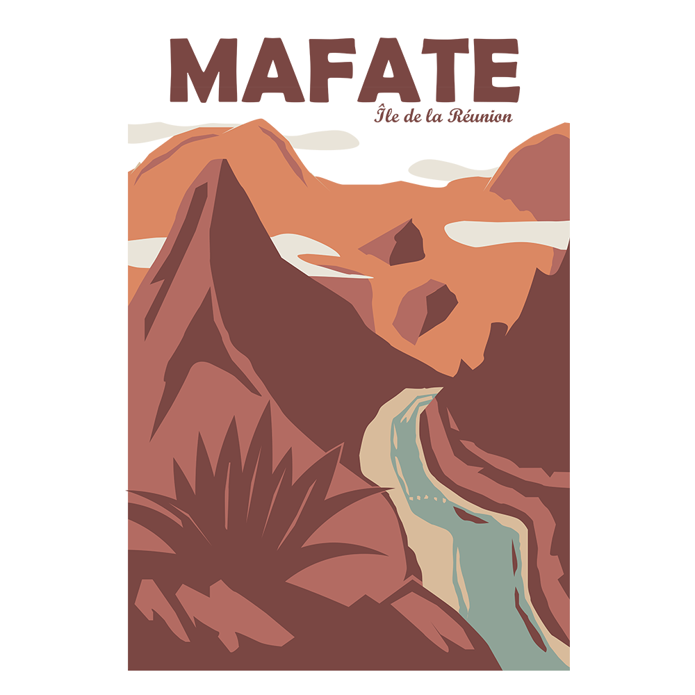 Visuel alternatif du design Mafate : cirque stylisé, tons chauds, style affiche.