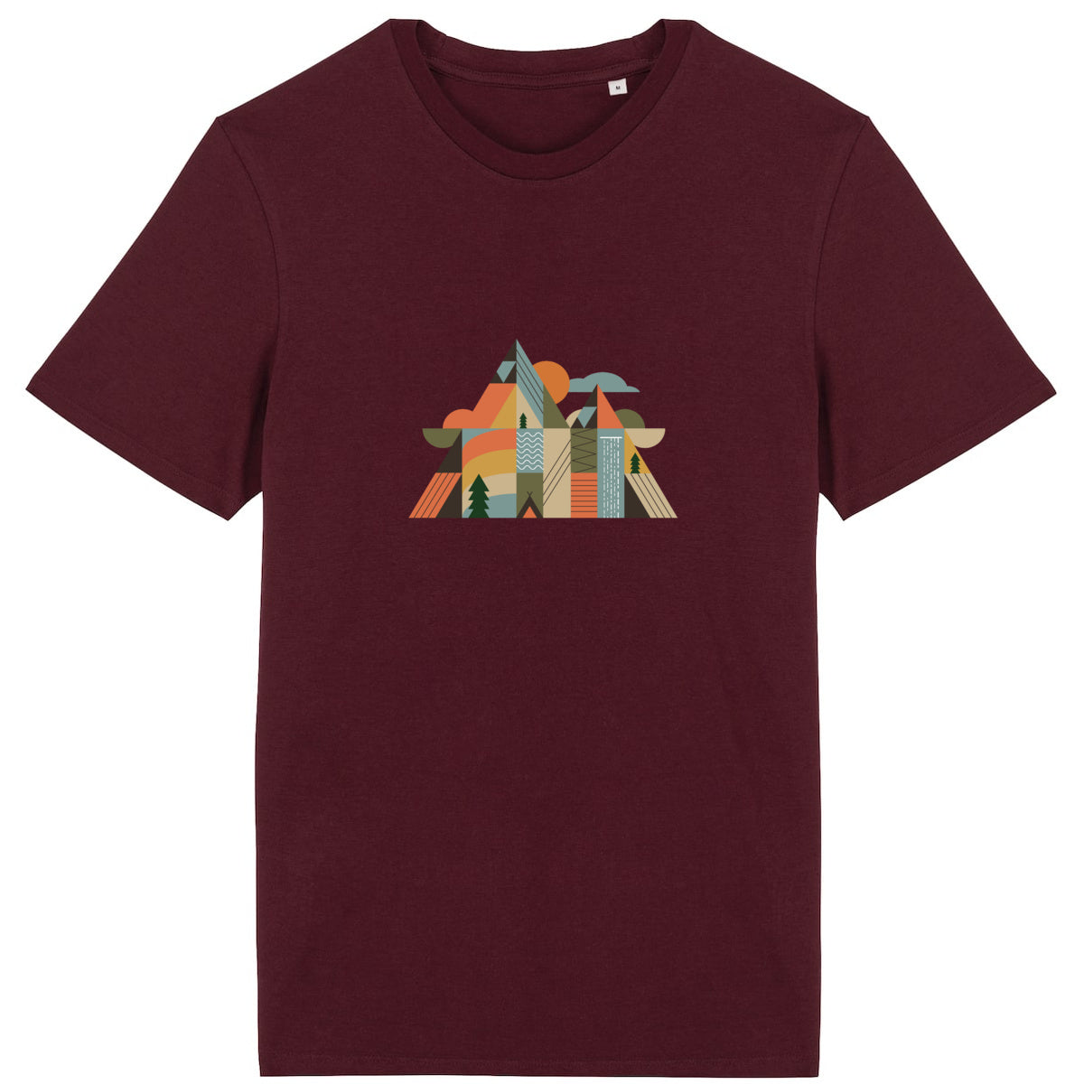 T-shirt coton bio Sortie Longue couleur bordeaux, vue produit, design Montagnes Géométriques, visuel montagne stylisée imprimé au centre.