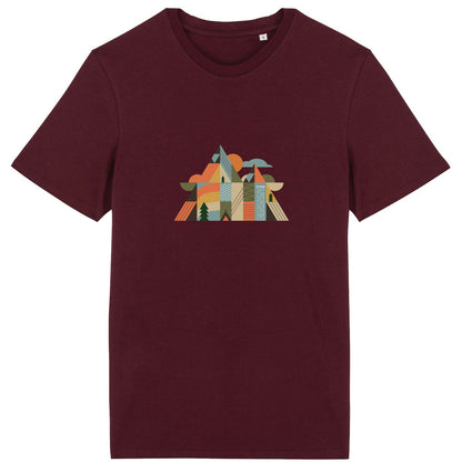 T-shirt coton bio Sortie Longue couleur bordeaux, vue produit, design Montagnes Géométriques, visuel montagne stylisée imprimé au centre.