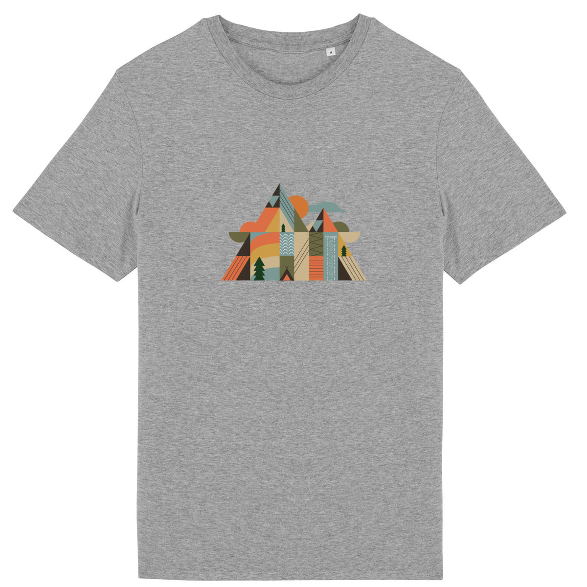 T-shirt coton bio Sortie Longue couleur gris, vue produit, design Montagnes Géométriques, montagne et repères naturels en style graphique.