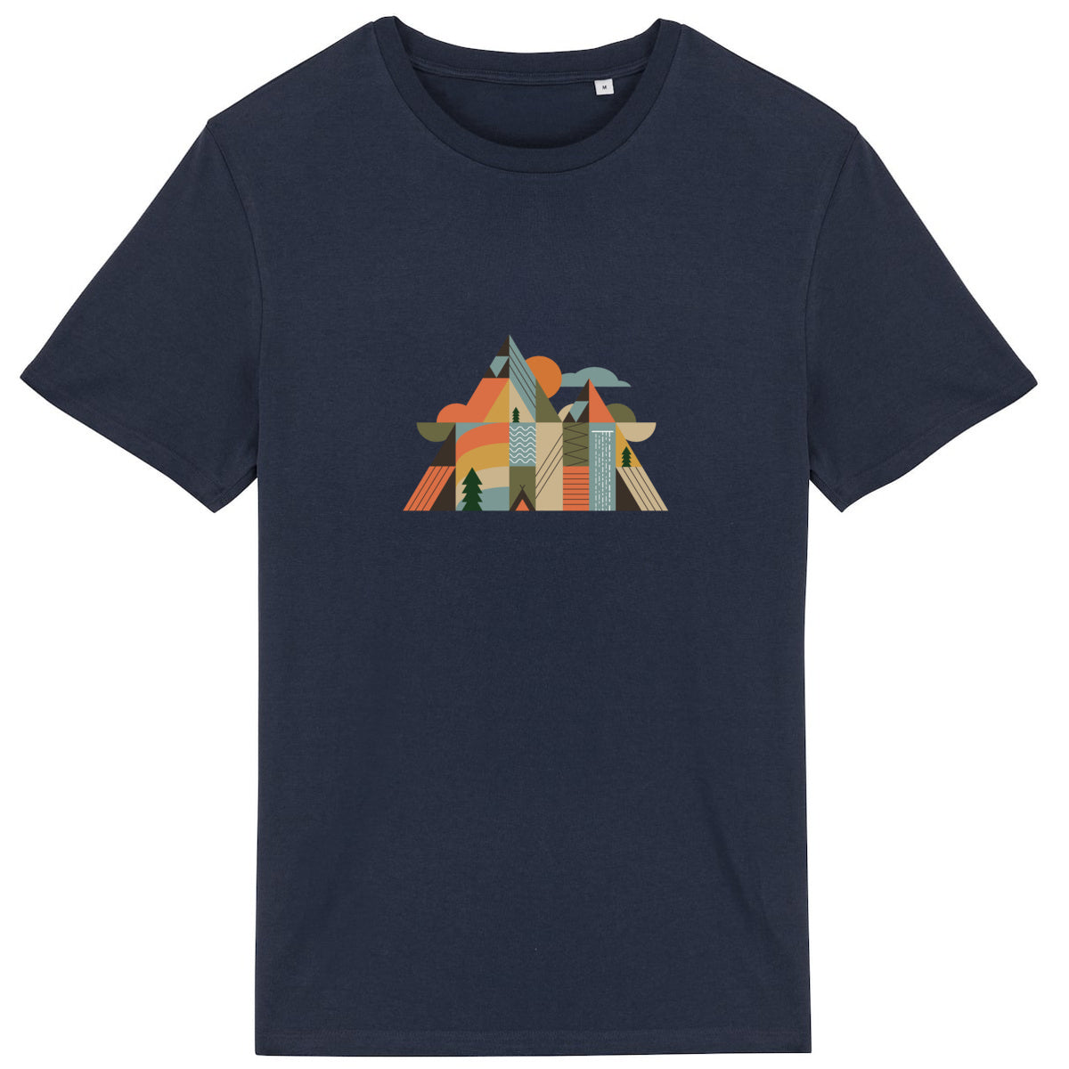 T-shirt coton bio Sortie Longue couleur marine, vue produit, design Montagnes Géométriques avec repères de montagne en formes simples.