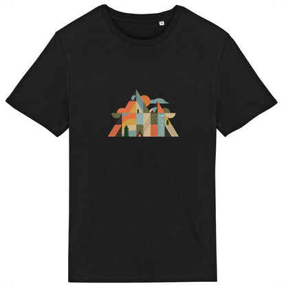 T-shirt coton bio Sortie Longue couleur noir, vue produit, design Montagnes Géométriques imprimé, lecture graphique du paysage montagnard.