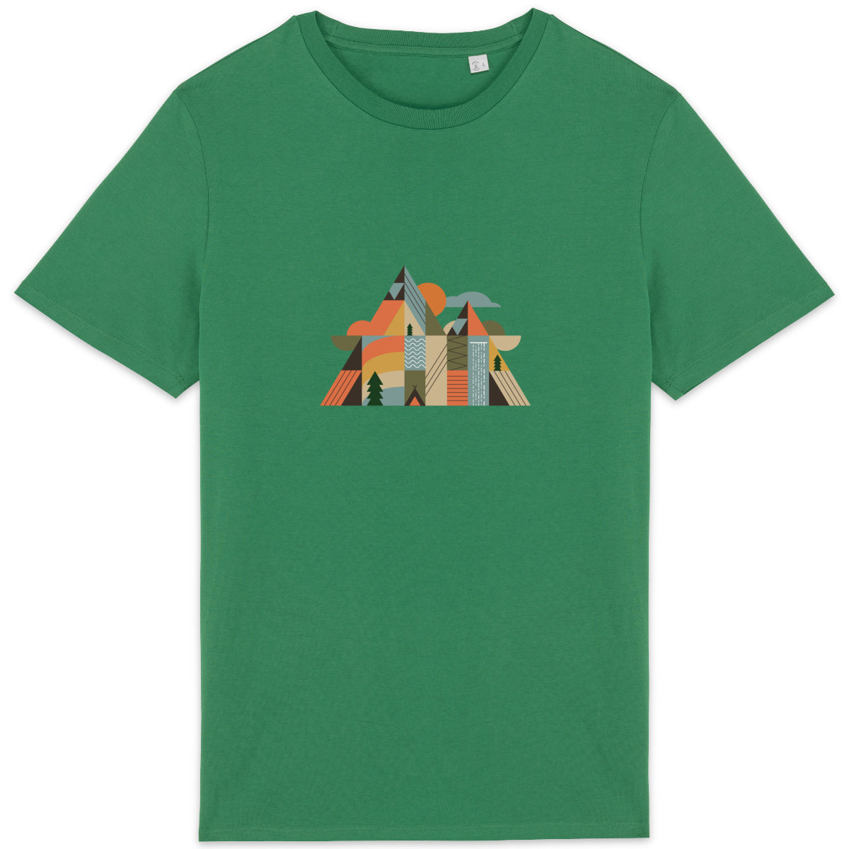 T-shirt coton bio Sortie Longue couleur vert, vue produit, design Montagnes Géométriques avec sommets triangulaires et repères de montagne, visuel imprimé au centre.