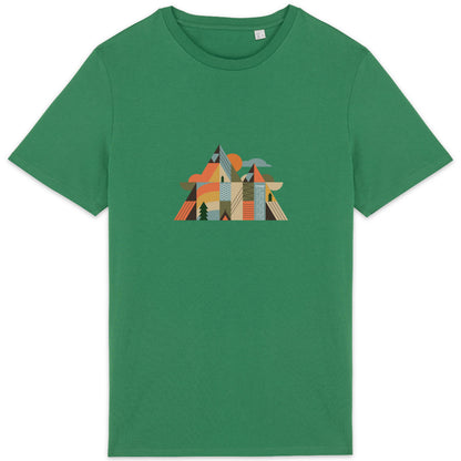 T-shirt coton bio Sortie Longue couleur vert, vue produit, design Montagnes Géométriques avec sommets triangulaires et repères de montagne, visuel imprimé au centre.