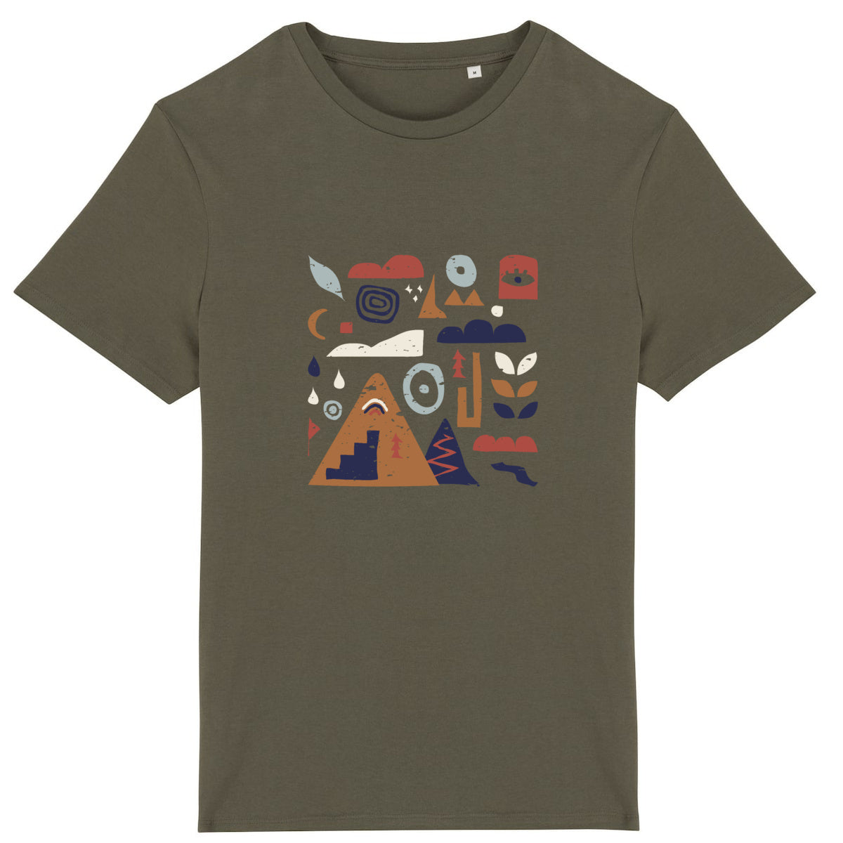 T-shirt unisexe Sortie Longue kaki en coton bio, vue produit, visuel Nature & Dénivelé inspiré des tracés de sortie et du dénivelé.