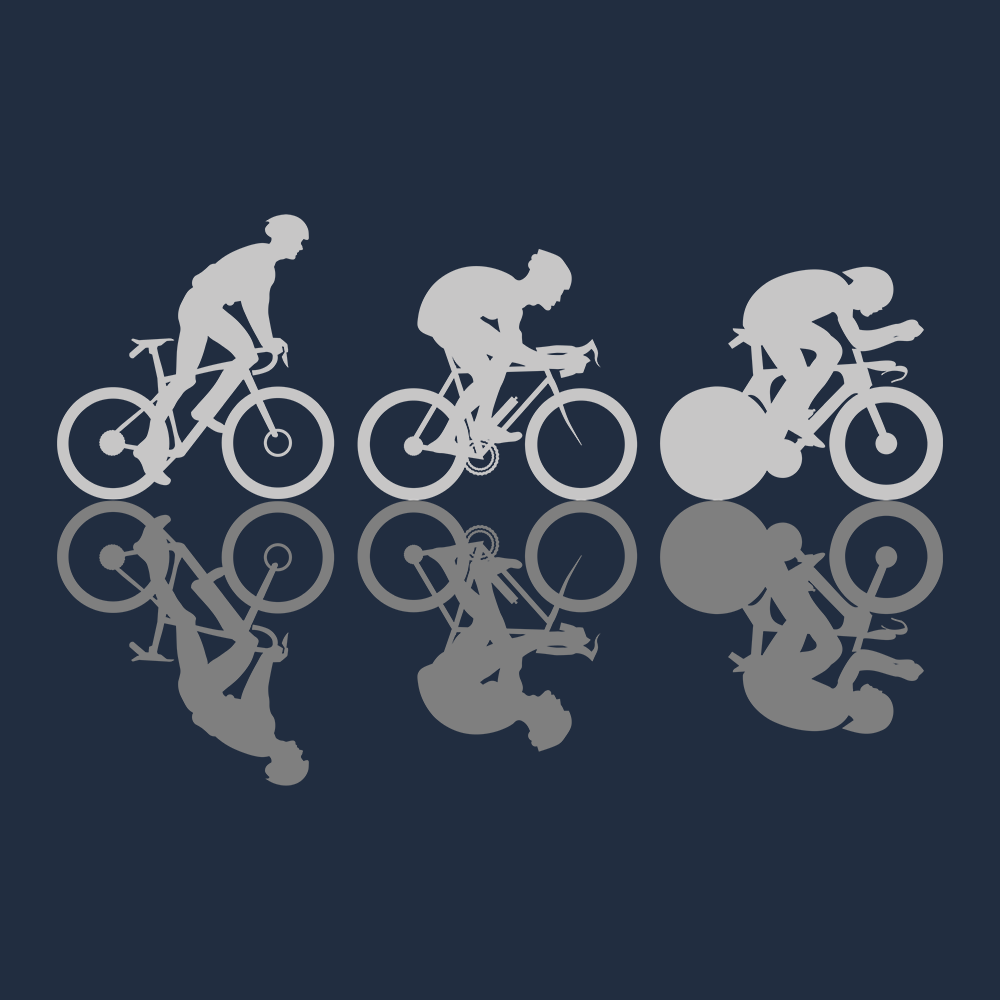 Visuel du design cyclistes : trois silhouettes (grimpeur, rouleur, sprinteur), style minimal.