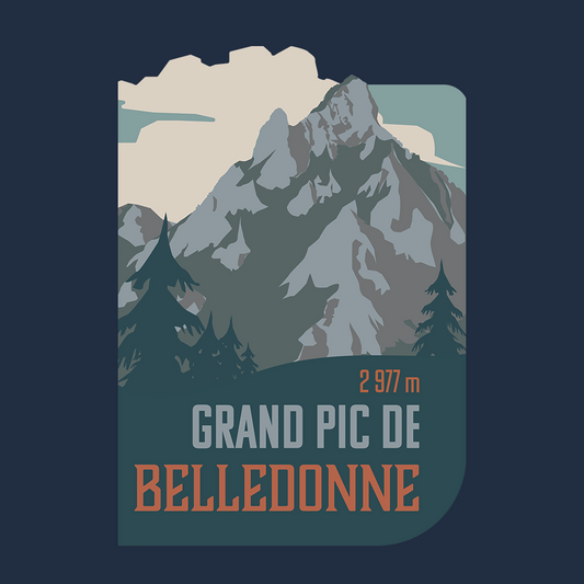 Illustration du design Sortie Longue Grand Pic de Belledonne 2977 m, montagne et forêt stylisées, visuel type affiche, référence au massif de Belledonne et aux sommets alpins.