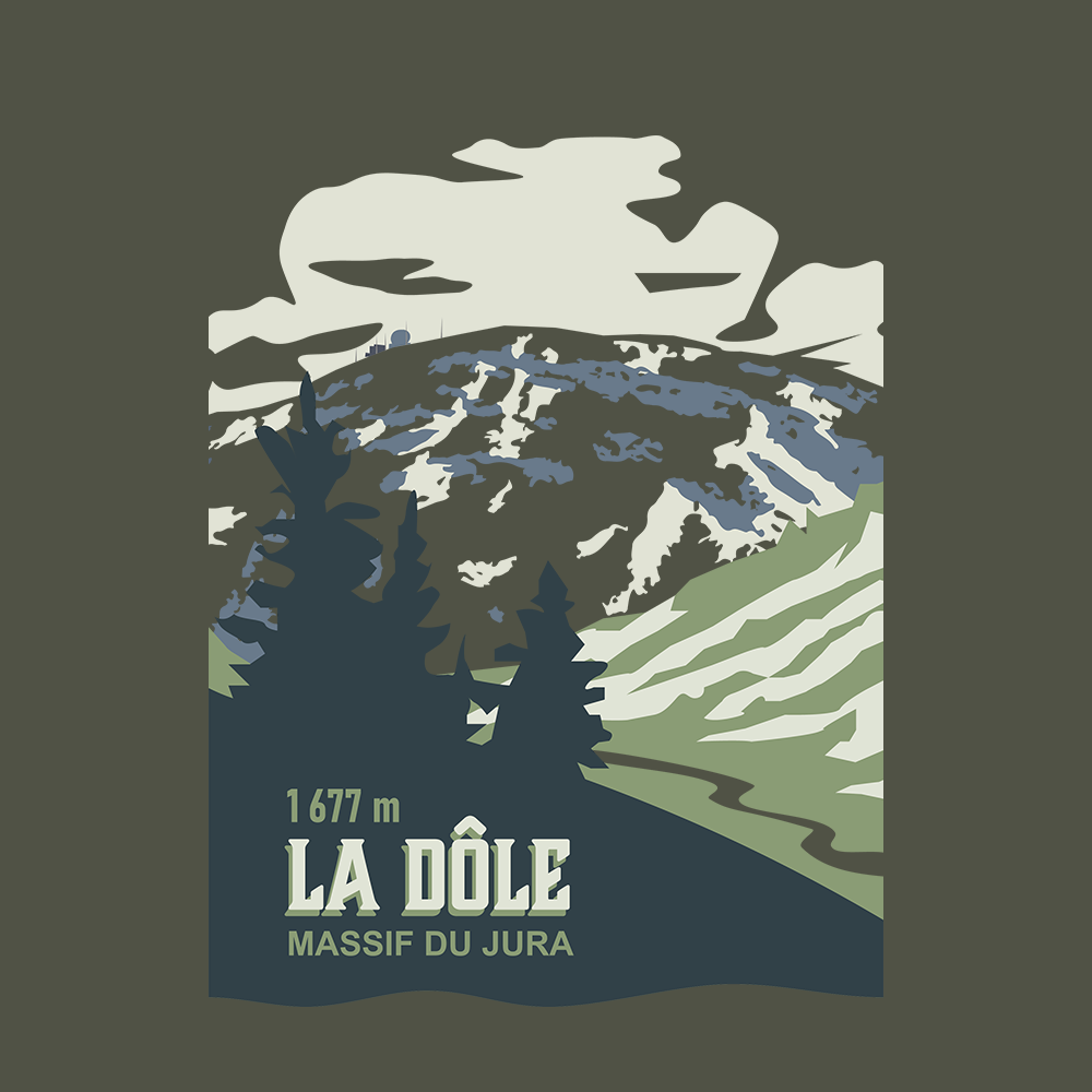 Illustration du design Sortie Longue La Dôle : composition montagne en plans, ciel et relief stylisés, texte “La Dôle”, visuel type affiche pour t-shirt outdoor et massif du Jura.