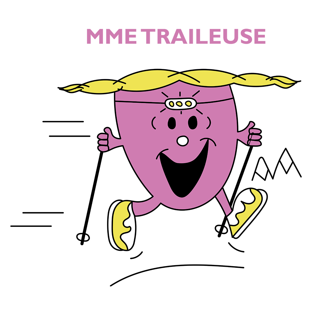 Illustration du design Sortie Longue « Mme Traileuse », personnage féminin de trail running avec équipement et montagnes, style graphique coloré inspiré Monsieur Madame.