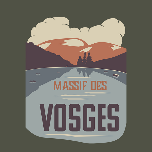 Visuel du design Massif des Vosges : Lac des Corbeaux, crêtes et forêt, style affiche.