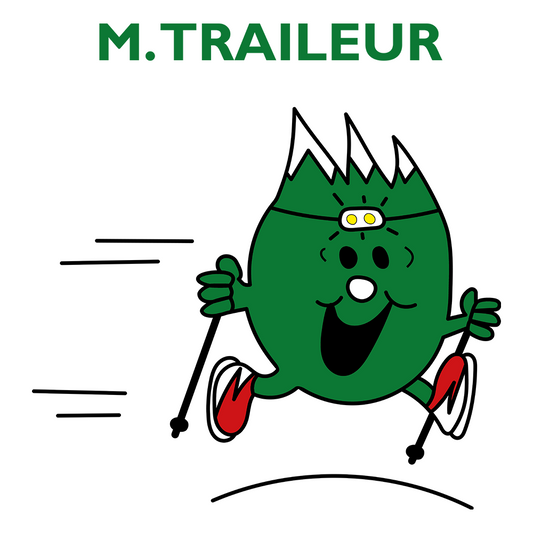 Visuel du design « Mr Traileur » : personnage rond en mouvement, lignes de vitesse, équipement trail (lampe, bâtons, baskets).