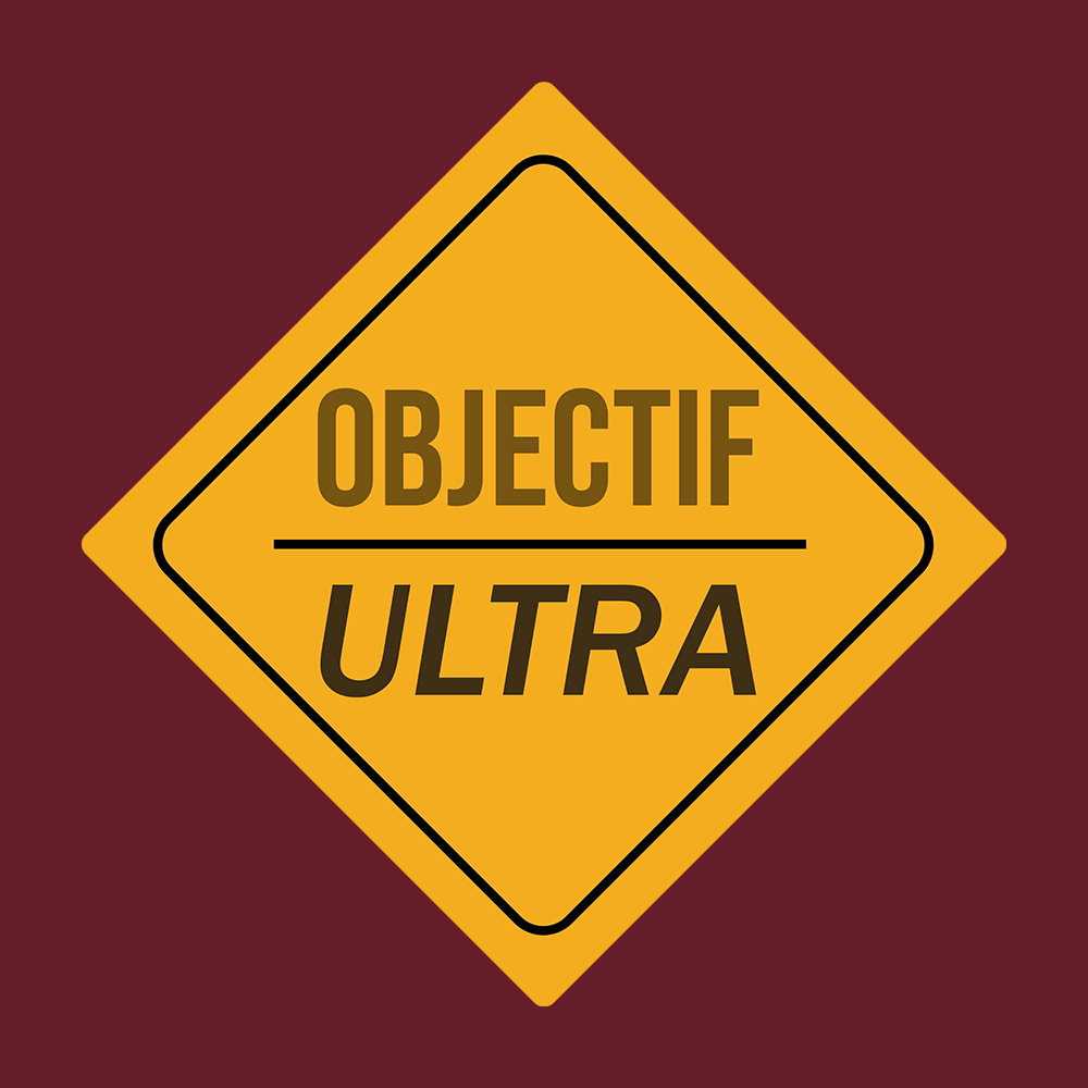 Visuel du design Sortie Longue « Objectif Ultra » : losange jaune type signalisation de parcours, texte centré, motif net pour t-shirt trail et ultra-trail.