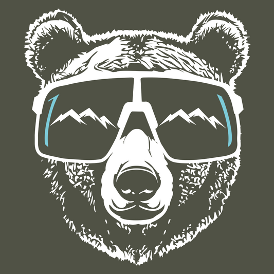 Visuel du design : ours avec lunettes, motif t-shirt ours montagne, style graphique en contraste.