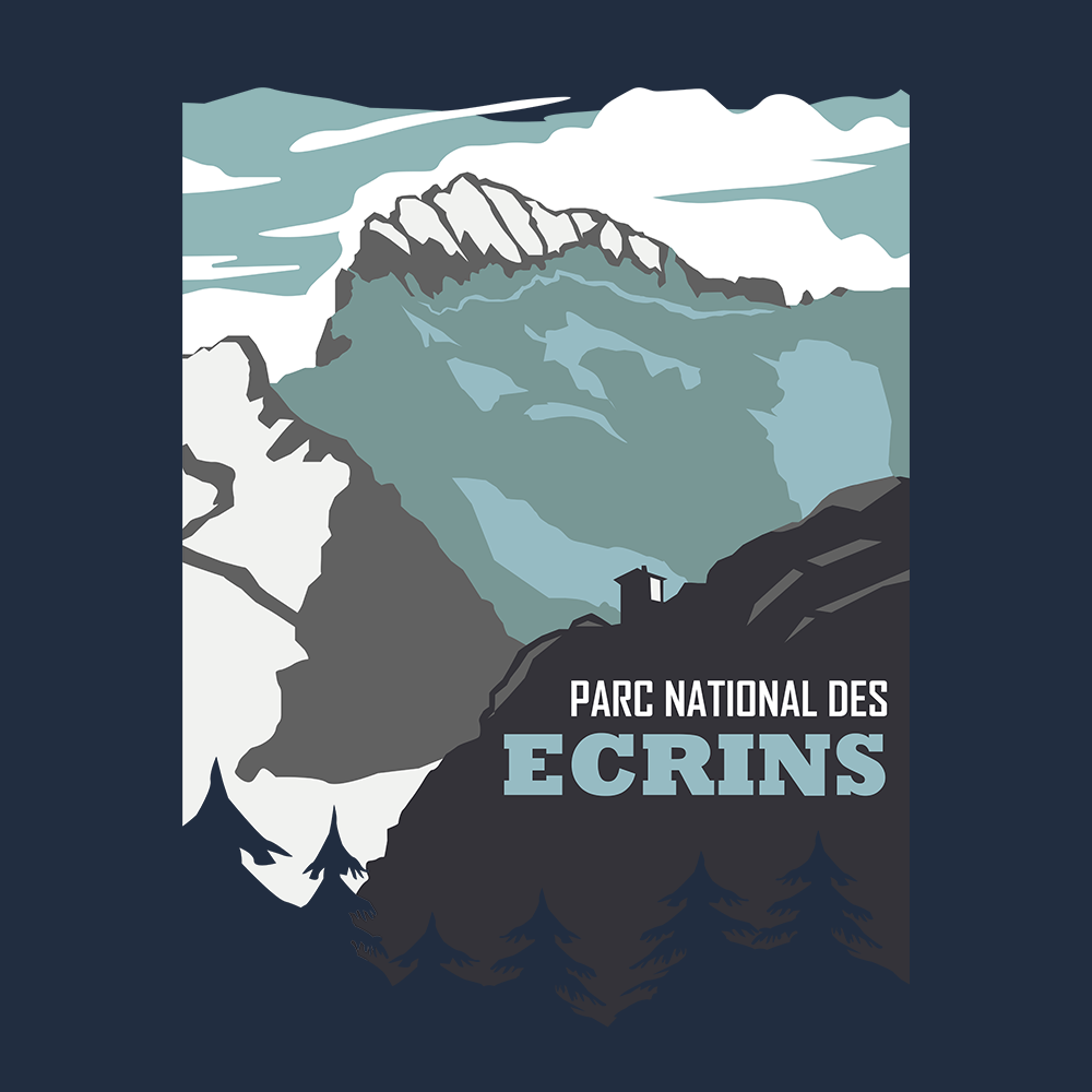 Visuel du design Parc national des Écrins : refuge, Barre et Glacier Blanc en aplats, composition type affiche.
