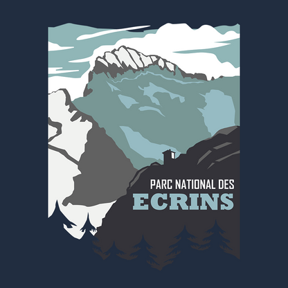 Visuel du design Parc national des Écrins : refuge, Barre et Glacier Blanc en aplats, composition type affiche.