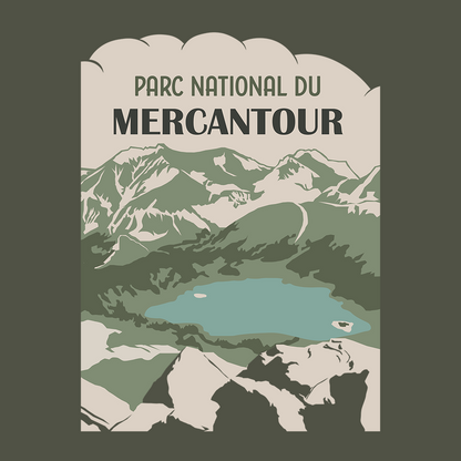 Visuel du design Parc national du Mercantour : lac d’altitude et relief, style affiche.