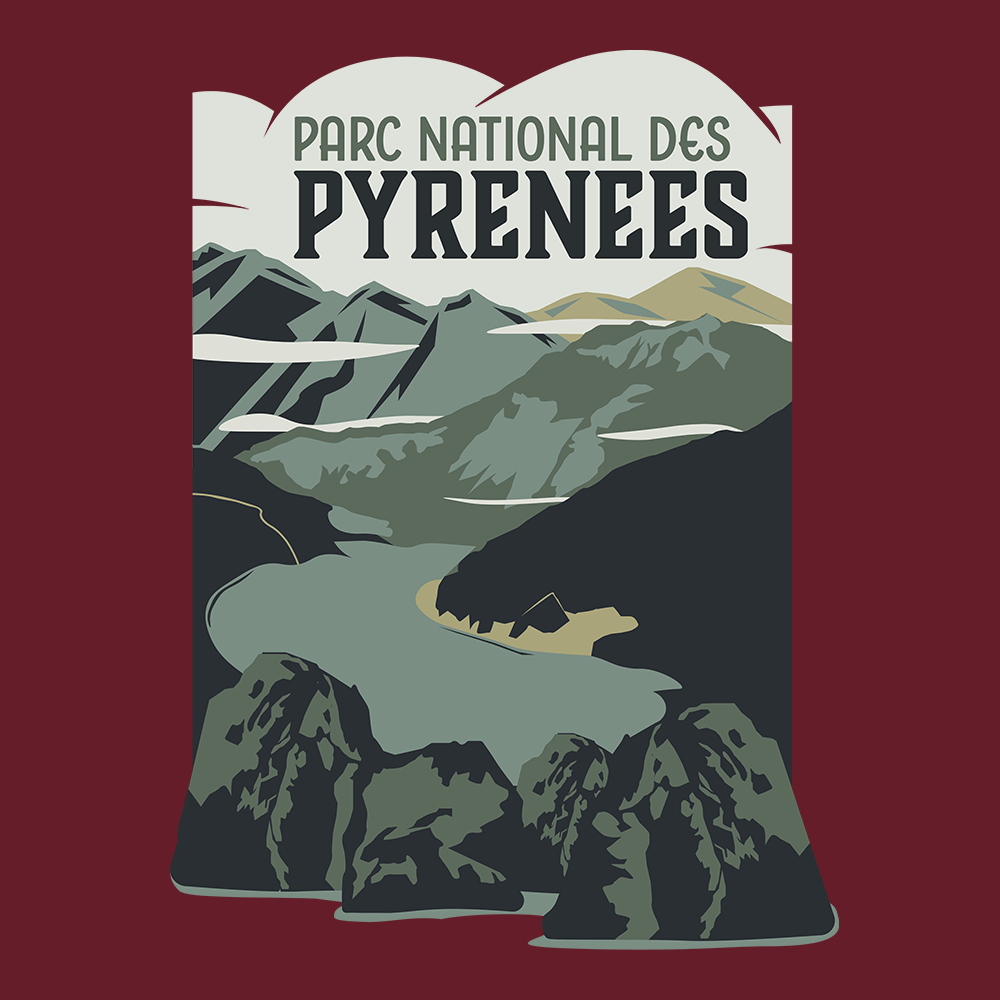 Visuel du design Parc national des Pyrénées : point de vue Néouvielle, lac et sommets, style affiche.