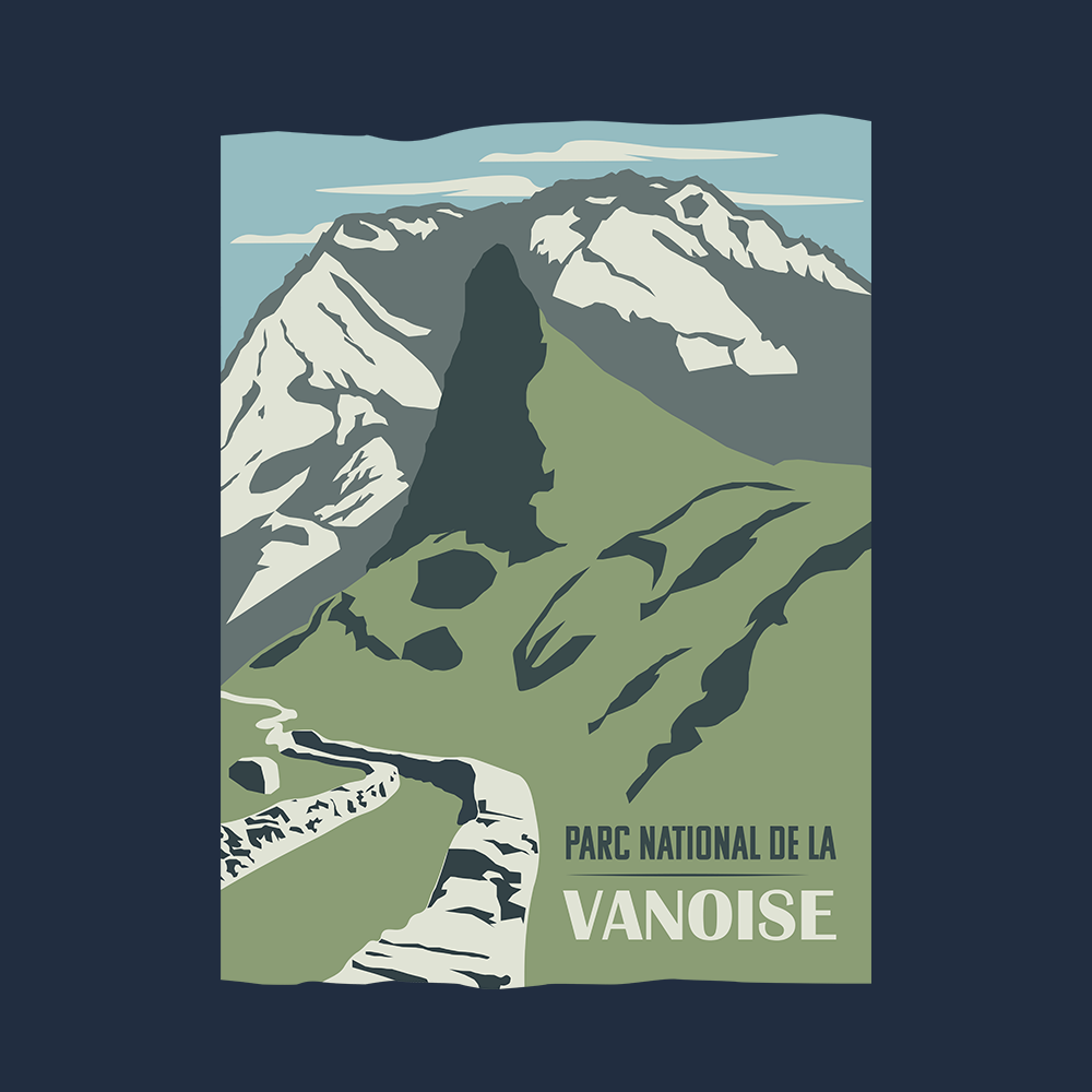 Visuel du design Parc national de la Vanoise : vallon, relief et sommets, style affiche.