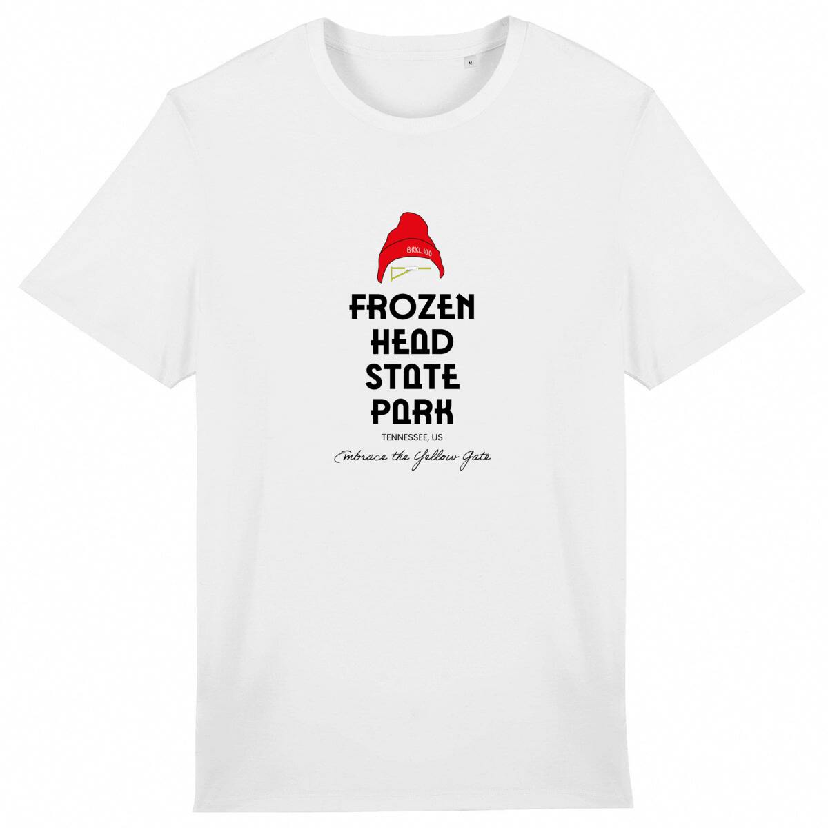 Vue de face coloris blanc, design Frozen Head State Park, typographie compacte et bonnet rouge.