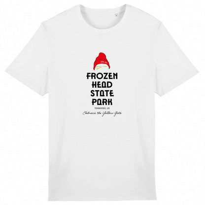 Vue de face coloris blanc, design Frozen Head State Park, typographie compacte et bonnet rouge.