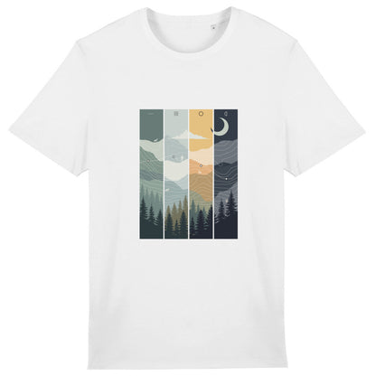 T-shirt unisexe Sortie Longue présenté à plat, illustration centrale montrant différentes conditions de progression en milieu naturel, entre forêt, relief et ciel.