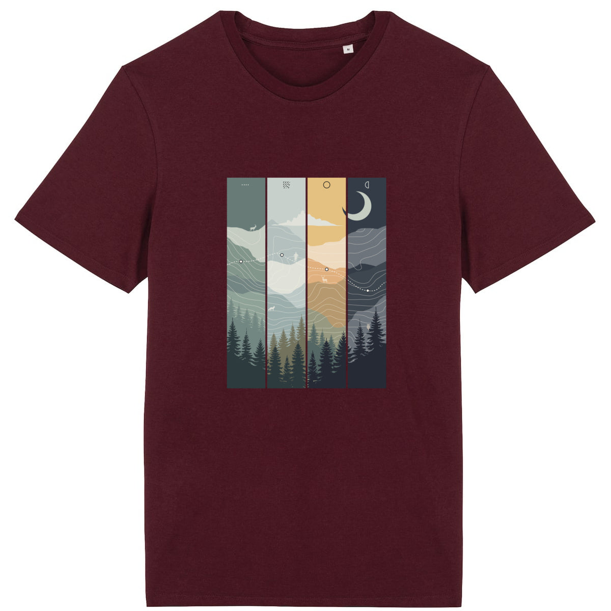 T-shirt unisexe Sortie Longue présenté à plat, visuel illustré représentant une trace de progression à travers forêt et relief montagneux.