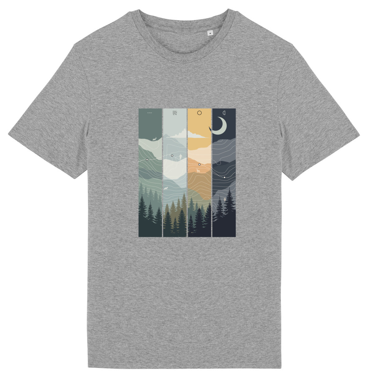 T-shirt unisexe Sortie Longue présenté à plat, illustration graphique inspirée de la progression en milieu naturel, avec forêt, montagnes et ciel structuré.
