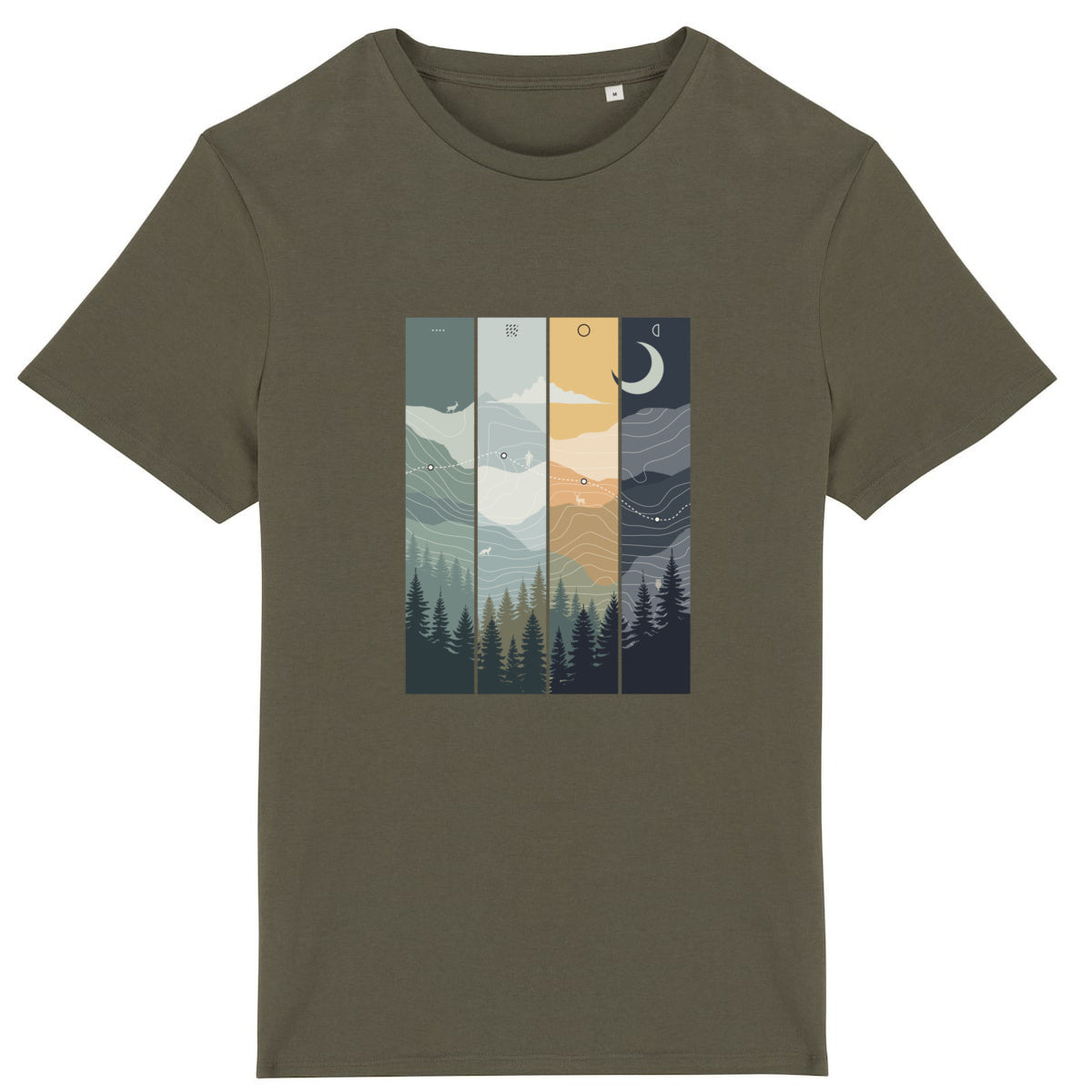 T-shirt unisexe Sortie Longue présenté à plat, visuel illustré de paysage évoquant différentes conditions de progression, entre arbres, relief et lumière.