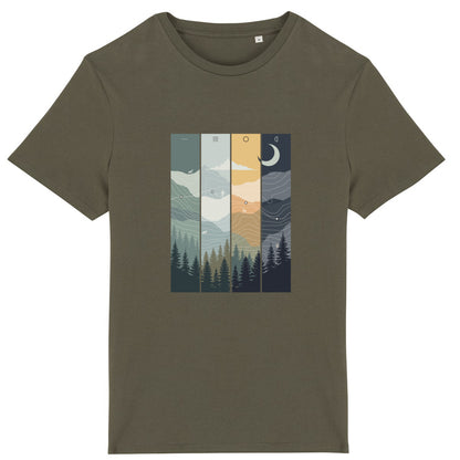 T-shirt unisexe Sortie Longue présenté à plat, visuel illustré de paysage évoquant différentes conditions de progression, entre arbres, relief et lumière.