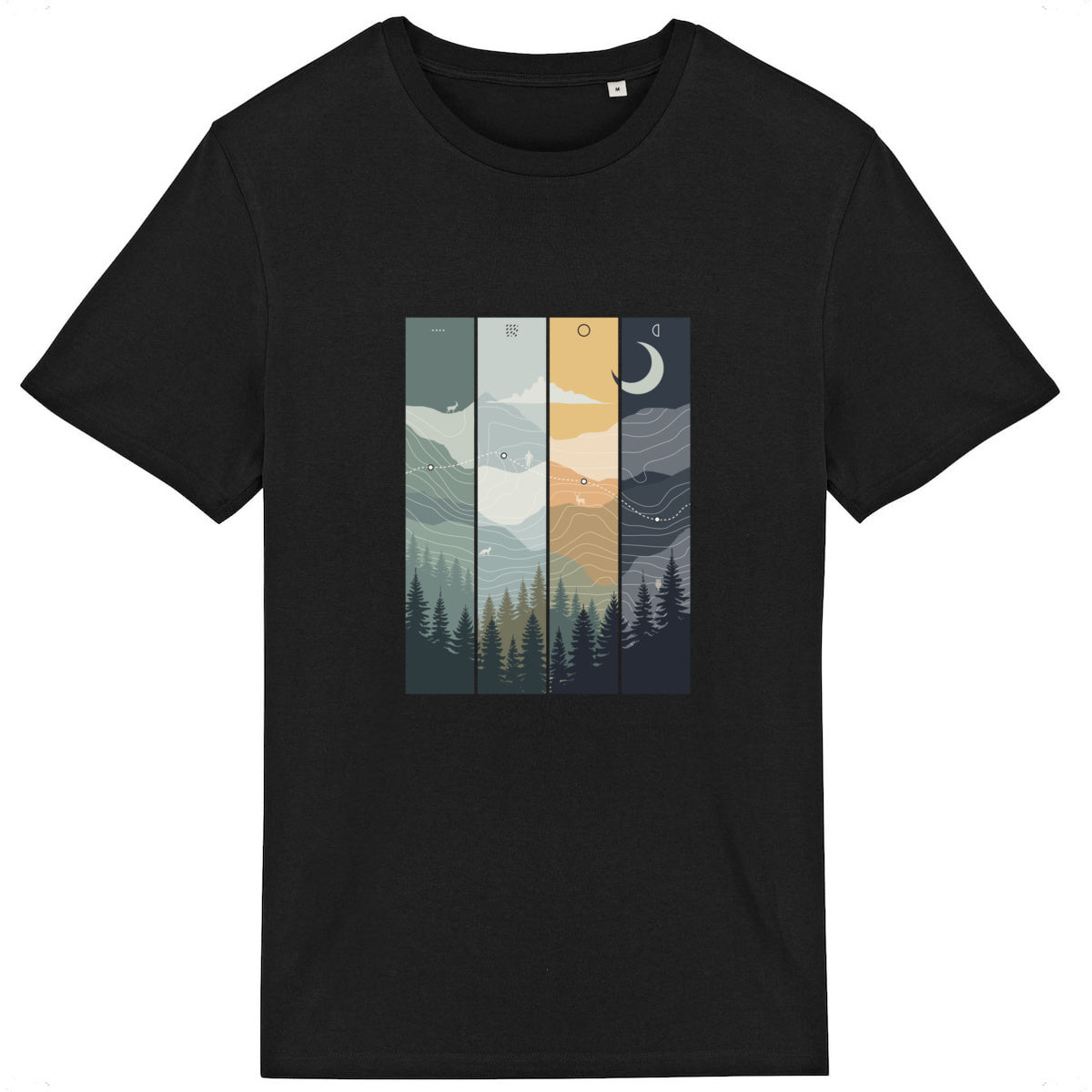 T-shirt unisexe Sortie Longue présenté à plat, visuel illustré de paysage structuré autour de la progression, avec montagnes, arbres et variations jour/nuit.