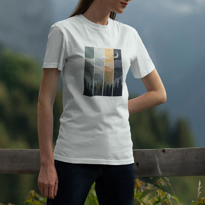 T-shirt unisexe Sortie Longue porté en extérieur, personne appuyée sur un garde-corps avec vue montagne. Visuel illustré évoquant la progression sous différentes conditions de terrain et de lumière.