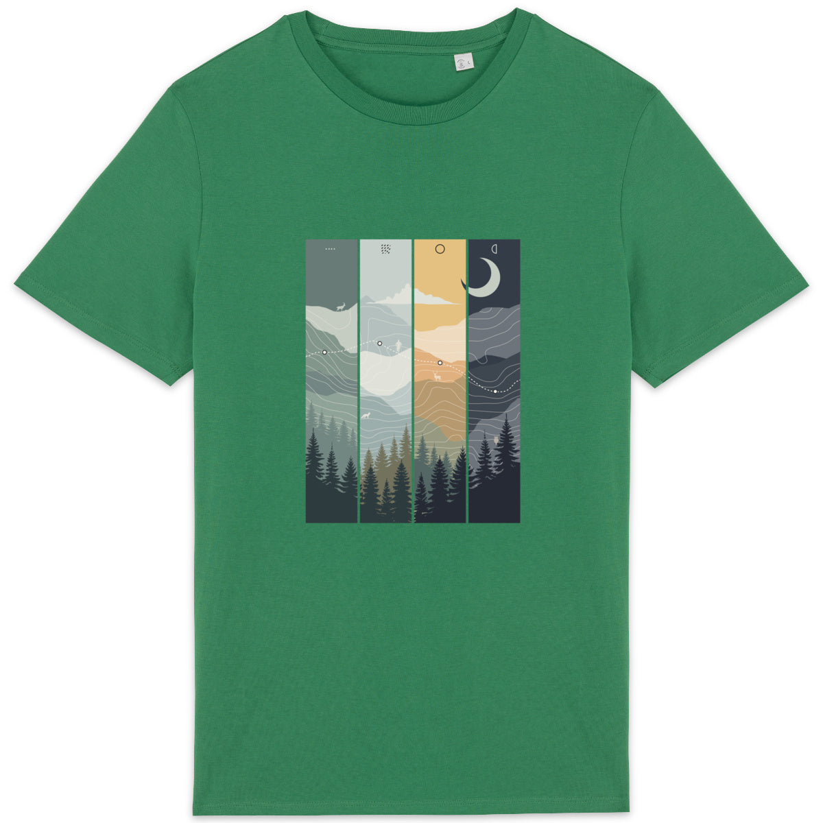 T-shirt unisexe Sortie Longue présenté à plat, visuel illustré représentant une progression à travers forêt et montagne, avec variations de ciel et de lumière.
