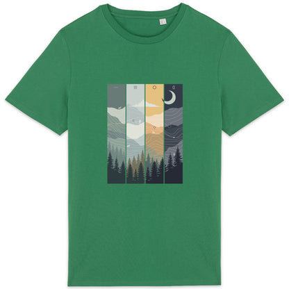 T-shirt unisexe Sortie Longue présenté à plat, visuel illustré représentant une progression à travers forêt et montagne, avec variations de ciel et de lumière.